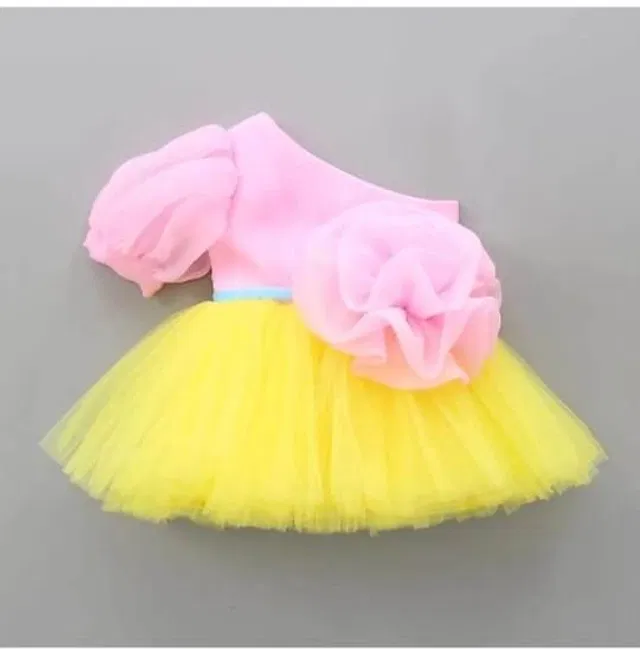 Net Solid Frock for Girls (Pink & Yellow, 12-18 Months)