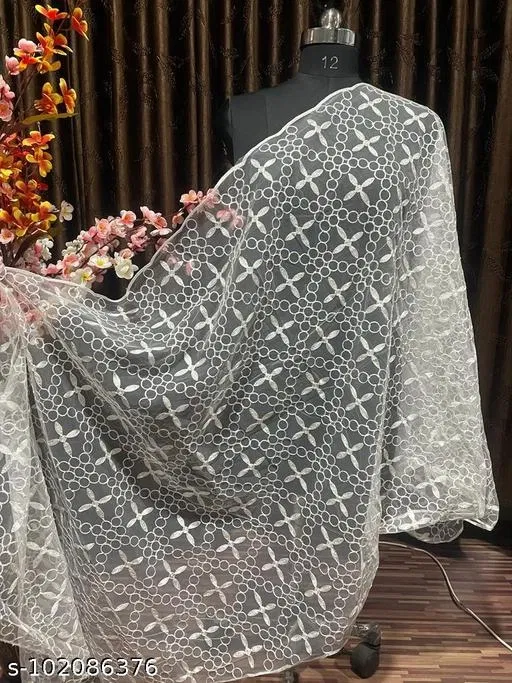 Floral Embroidered Net Dupatta for Women (White, Free Size)
