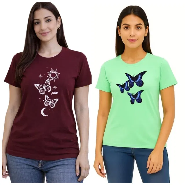 Cotton Blend T-shirt for Women, Maroon & Green, Pack of 2 (XL)