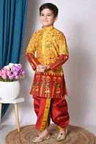Dupion Silk Printed Kurta with Dhoti for Boys, Yellow & Red 