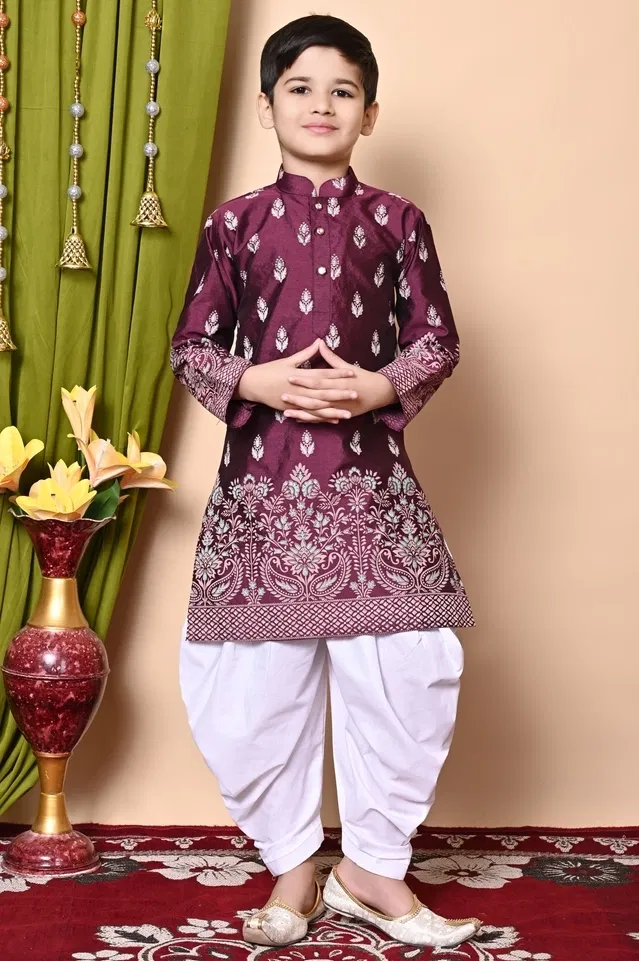 Dupion Silk Printed Kurta with Dhoti for Boys, Wine & White (2-3 Years)