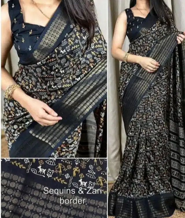 Cotton Printed Saree for Women (Black, 6.3 m)