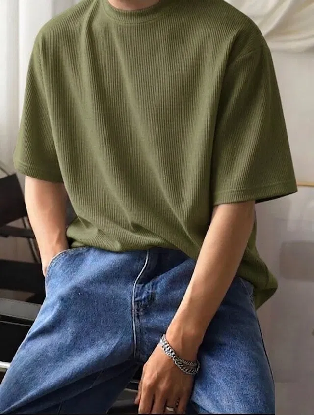 Ribbed Knit Oversized T-shirt for Men (Olive, L)