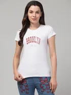 Round Neck Printed T-Shirt for Women (White, S)