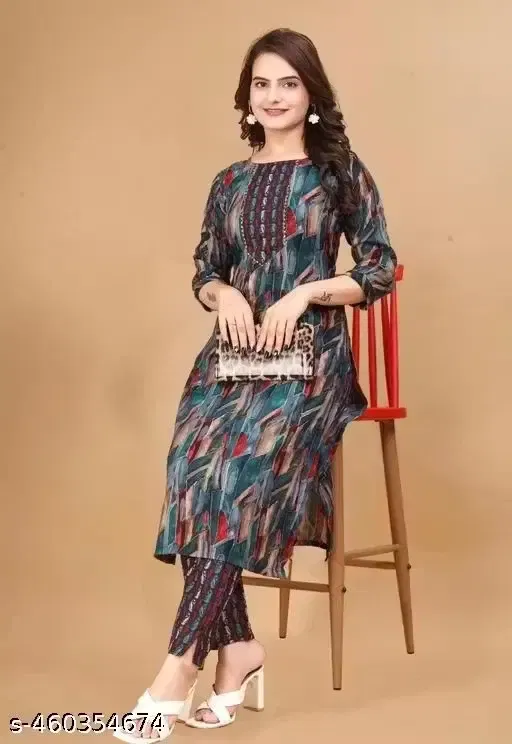 Daily Wear Cotton Blend Kurta with Pant for Women, Multicolor (M)