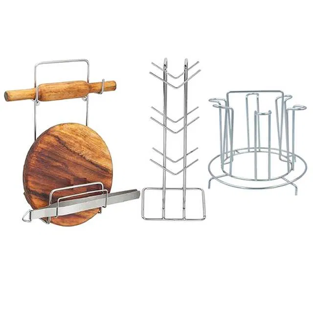 Stainless Steel Cup Stand Cup Holder & Glass Stand & Chakla Belan Stand For Kitchen (Set of 3) (OC-045)