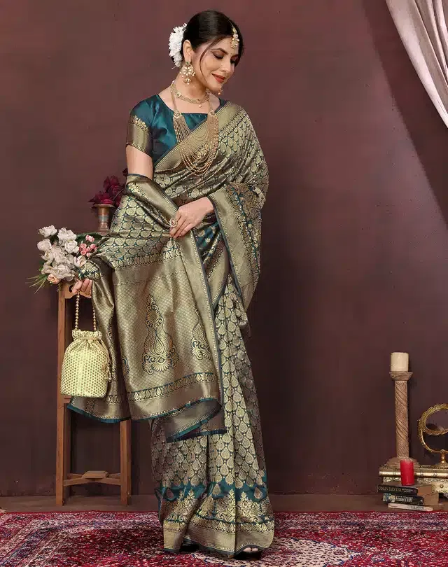 Banarasi Silk Zari Woven Saree for Women (Teal, 6 m)