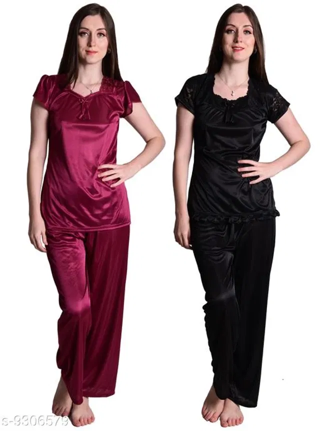 Satin Nightsuit Set for Women (Black & Wine, M) (Set of 2)