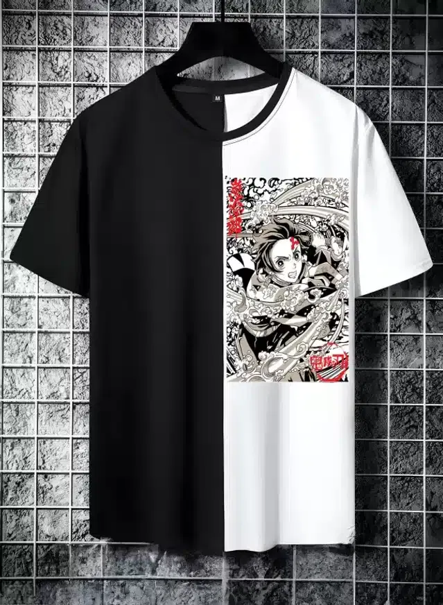 Half Sleeves T-Shirt for Men (Black & White, L)