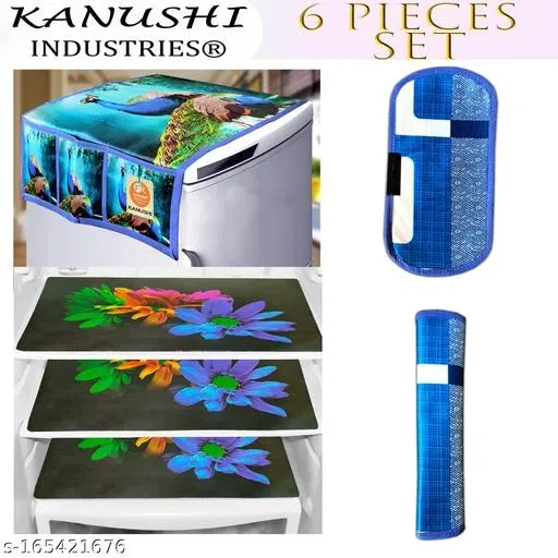 KANUSHI Industries® 1Pc Fridge Cover for Top with 6 Utility Pockets + 2 Handles Covers + 3 Fridge Mats (FRI-BLUE-PEACOCK+2-HANDLE+M-24-03)