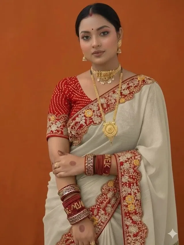 Bollywood White Chiffon/Satin Embroidered Saree for Women