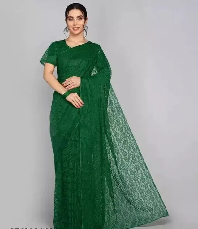 Net Floral Saree for Women (Green, 6.3 m)