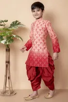 Dupion Silk Printed Kurta with Dhoti for Boys, Peach & Red 