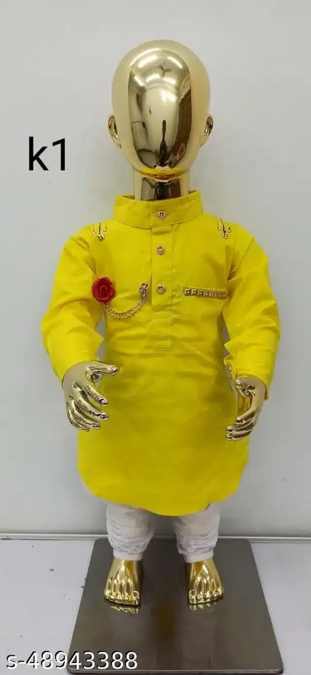 Cotton Full Sleeves Kurta with Pyjama Clothing Set for Boys (Yellow & White, 1-2 Years)