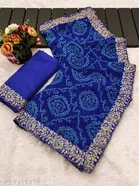 Georgette Solid Saree for Women, Royal Blue 