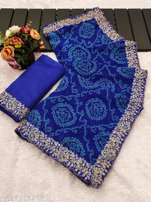 Georgette Solid Saree for Women, Royal Blue (6.3 m)