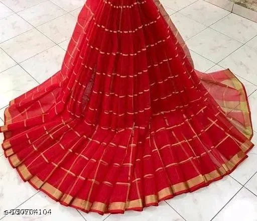 Kota Doria Cotton Saree for Women (Red, Free Size)