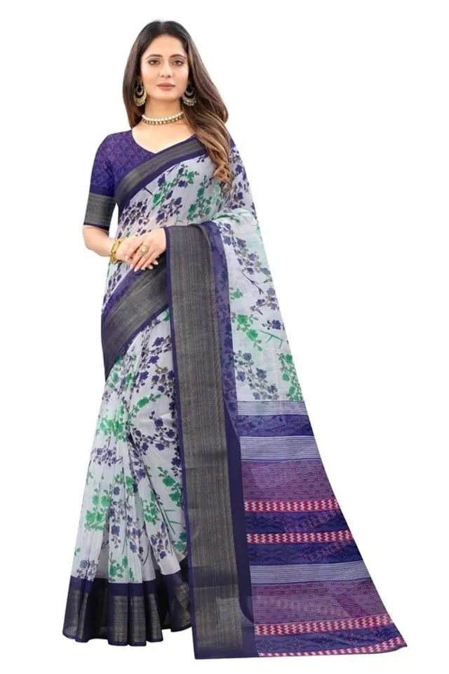 Cotton Printed Saree for Women (Blue, 6.3 m)