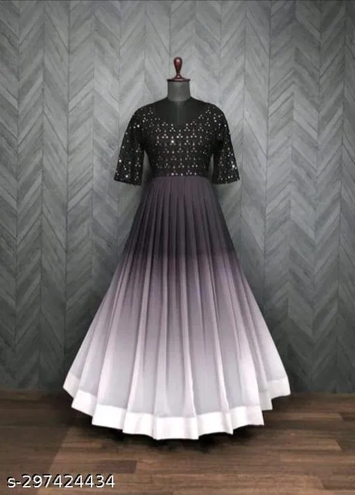 Embellished Maxi Gown with Mirror Work for Women (Black, L)