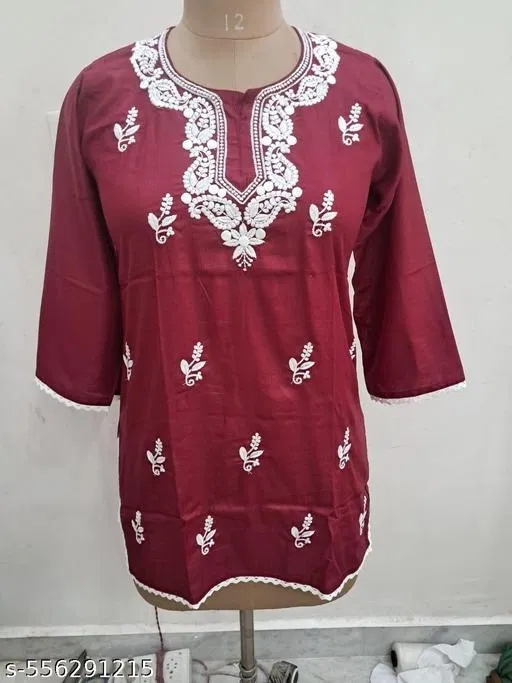 Floral Embroidered Rayon Kurti for Women (Maroon, L)