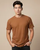 Polyester Round Neck T-shirt for Men, Brown 