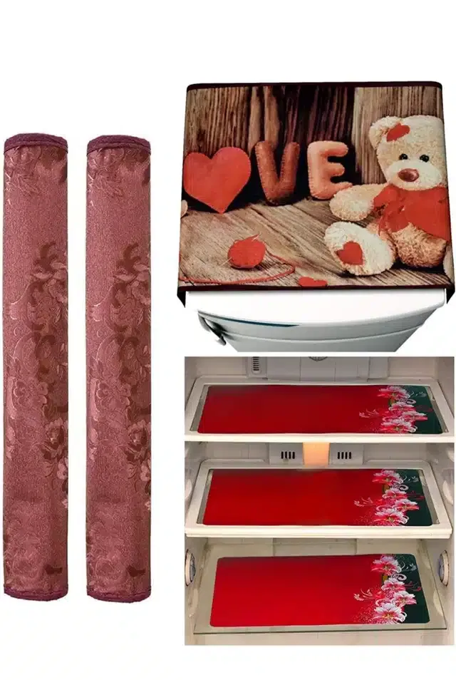 Knit Printed Fridge 3 Pcs Mat with 2 Pcs Handle & Top Cover (Multicolor, Set of 1)