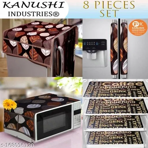 KANUSHI Industries® Fridge/Refrigerator Cove + 1 Pc microwave cover + 2 Pc handle cover + 4 pc Fridge Mats(FRI+MICRO+2-HDL-BROWN-LONG-LEVS+M-26-04)