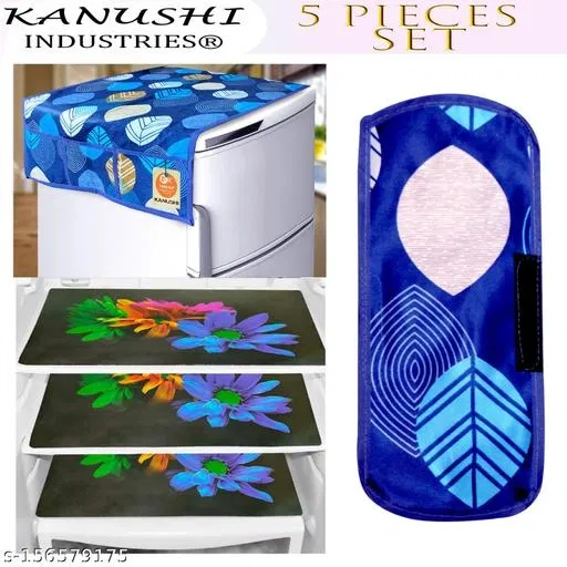 KANUSHI Industries® 1Pc Fridge Cover for Top with 6 Utility Pockets (Blue Color) + 1 Handles Covers + 3 Fridge Mats( FRI-LONG-LEVS-BLUE-COMBO-M-24)