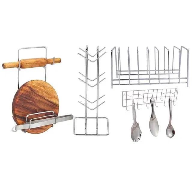 Stainless Steel Cup Stand & Plate Stand & Chakla Belan Stand & Hook Rail For Kitchen (Set of 4) (OC-031)