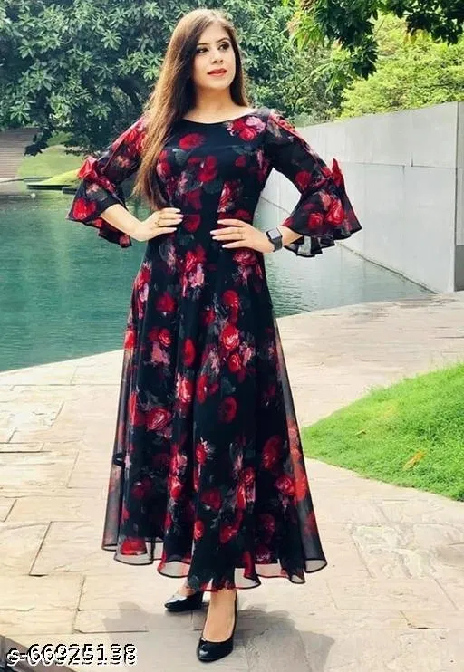 Georgette Dress for Women (Black, XXXL)
