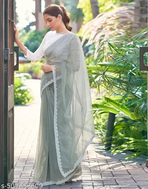 Net Embellished Saree for Women (Grey)