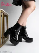 Shoetopia Solid Patent Leather Block Boots Black 