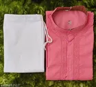 Cotton Solid Kurta Set for Men, White & Pink 