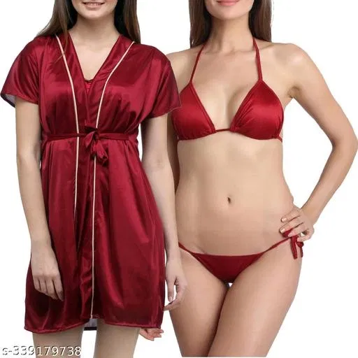 Satin Solid Babydoll for Women, Maroon (M)