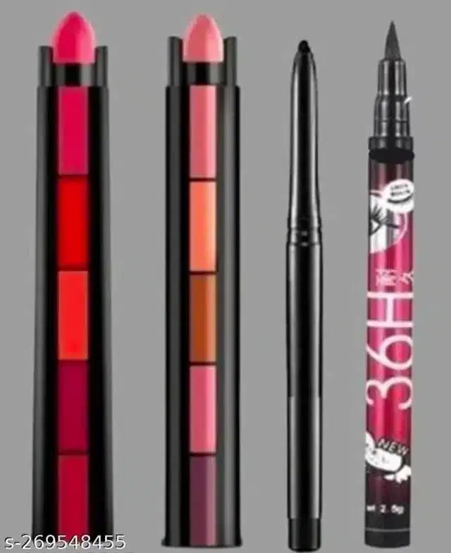 Combo of Mini 5-in-1 Lipsticks (2 Pcs) with Kajal & Eyeliner (Multicolor, Set of 3)