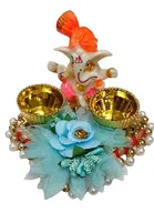 Metal Decorative Ganpati Haldi Kumkum Stand with 2 Roli Chawal Holder, Multicolor