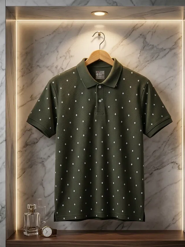 Printed Polo T-shirt for Men (Olive, L)