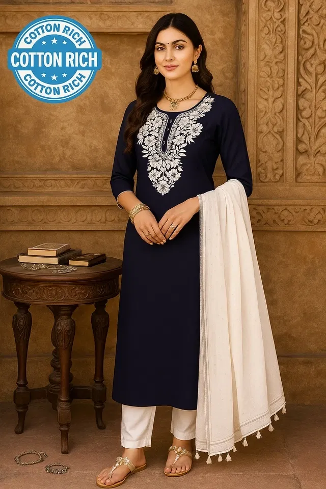 Cotton Embroidered Kurti for Women (Navy Blue, L)