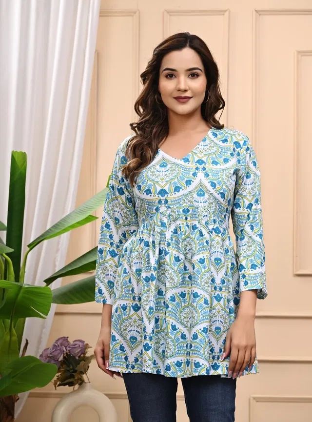 Rayon Printed Short Kurti for Women (Blue, M)