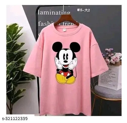 Polycotton Printed T-Shirt for Women, Pink (L)