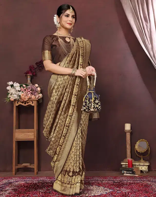 Banarasi Silk Zari Woven Saree for Women (Brown, 6 m)
