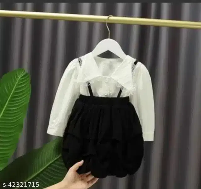Crepe Full Sleeves Top & Bottom Clothing Set for Girls (White & Black, 9-12 Months)