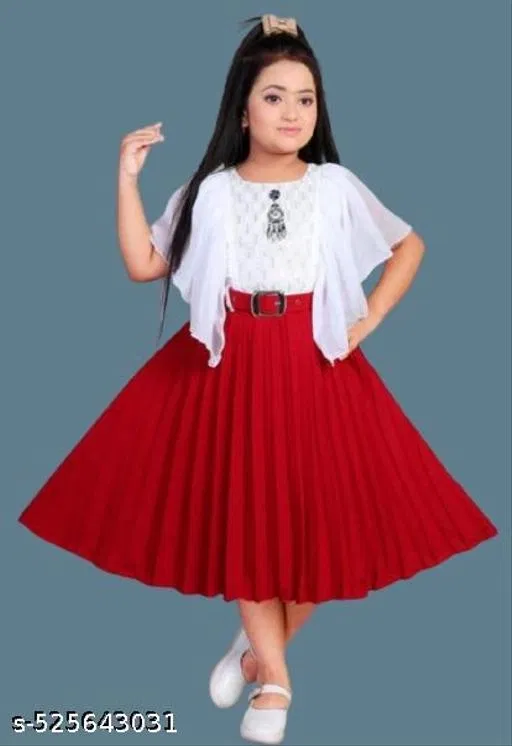 Colorblocked Chiffon Fit and Flare Dress for Girls (Red, 5-6 Years)