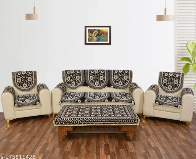 Polycotton 5 Seater Sofa Covers With Table Cover (Brown, Set of 2)