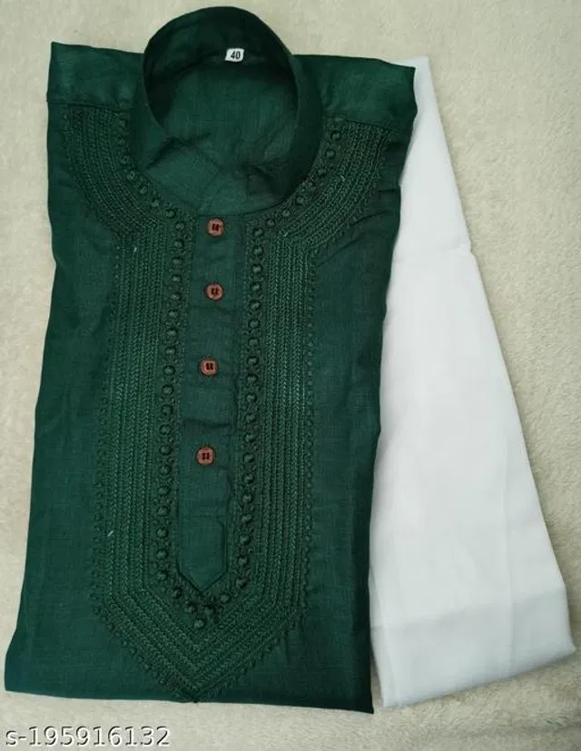 Cotton Embroidered Kurta with Pyjama for Men (Bottle Green & White, L)