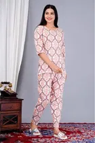 Women's Light Pink Cotton Printed Night Suit Top and Pyjama Co-ord Sets 