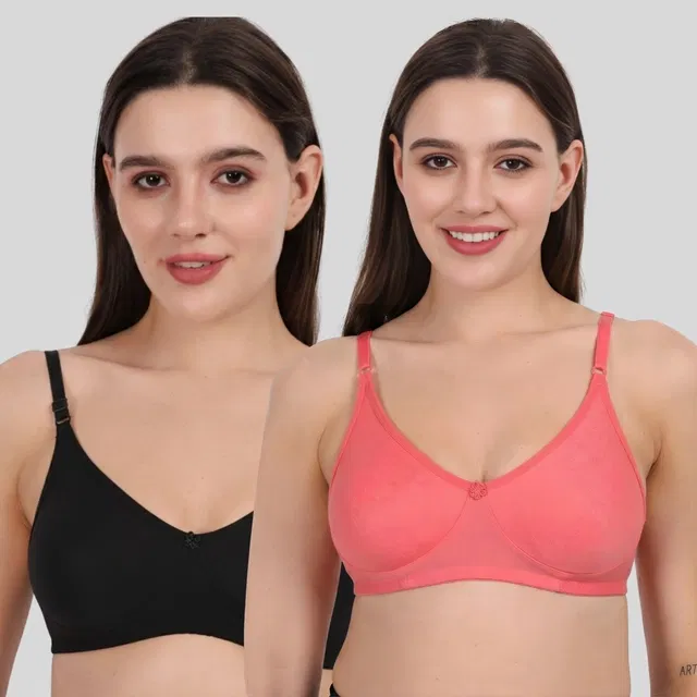 Cotton Bra for Women, Black & Pink, Pack of 2 (32B)
