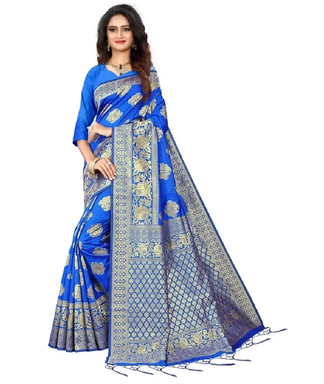 Banarasi Silk Jacquard Print Saree for Women (Blue)