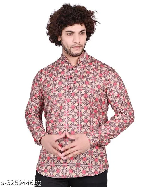 Cotton Blend Printed Short Kurta for Men, Multicolor (L)