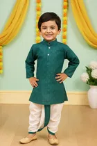 Cotton Blend Printed Kurta & Paints Set for Boys , Green 